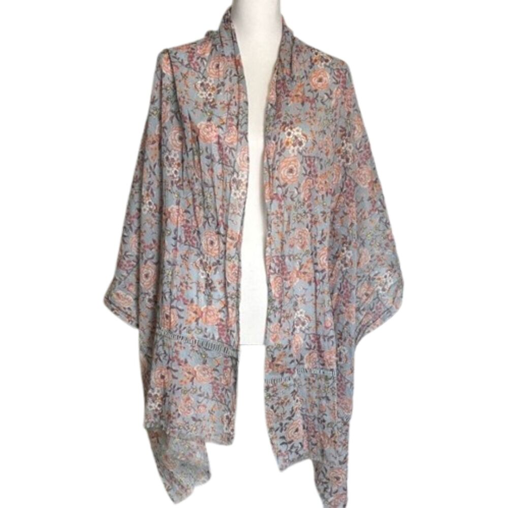 Ann Taylor LOFT Womens Floral Scarf OS Rectangle Fringe Crochet Spring Pink Blue